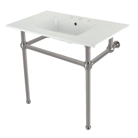 KINGSTON BRASS 37 Console Sink with Brass Legs 8Inch, 3 Hole, WhiteBrushed Nickel KVBH37227W8BN